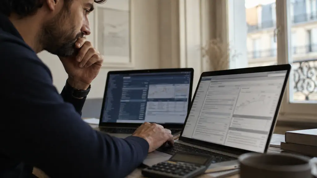 close-up photograph of a trader comparing EA license terms and prop firm challenge rules on two laptop screens, with a calculator beside the keyboard, no visible text or logos