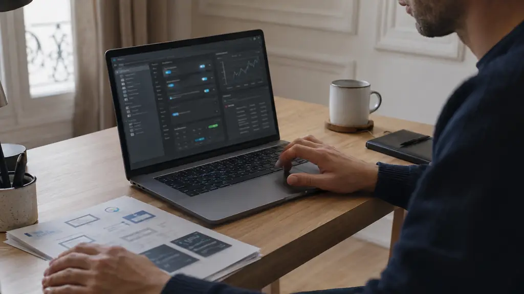 close-up photograph of a trader checking an EA file and permission settings on a demo trading platform before activation, with a printed installation guide beside the laptop, no visible text or logos