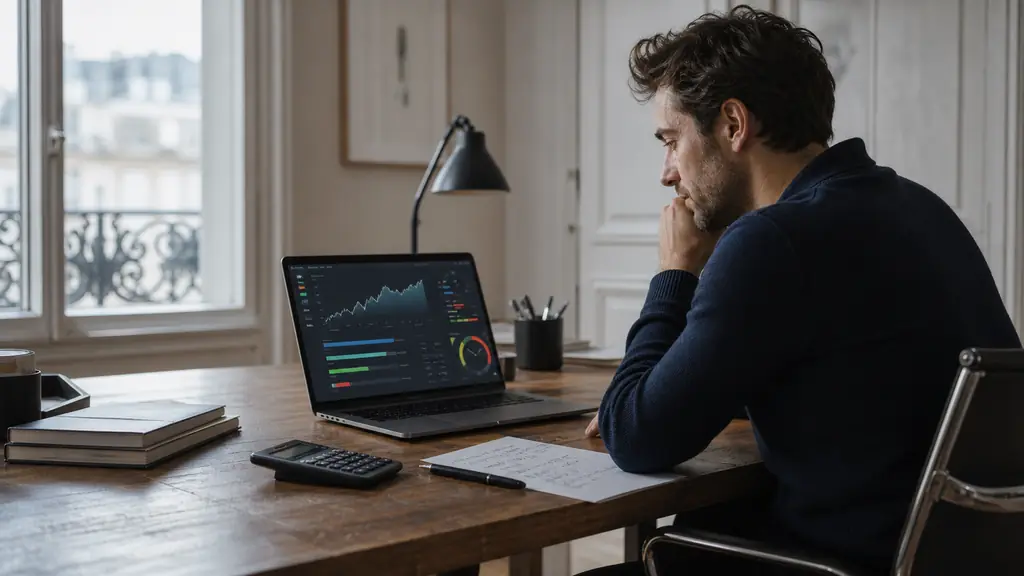 A trader reviewing a simulated trading account dashboard showing profit target and drawdown limits, with a calculator and handwritten risk notes beside the laptop, editorial photography, no text, no logo