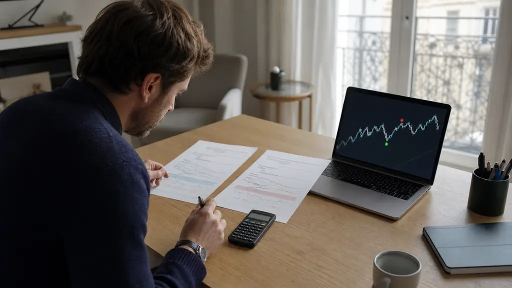 A trader comparing two printed versions of trading rules beside a calculator, while a laptop displays mismatched trade execution points on a price chart, editorial photography, no text, no logo