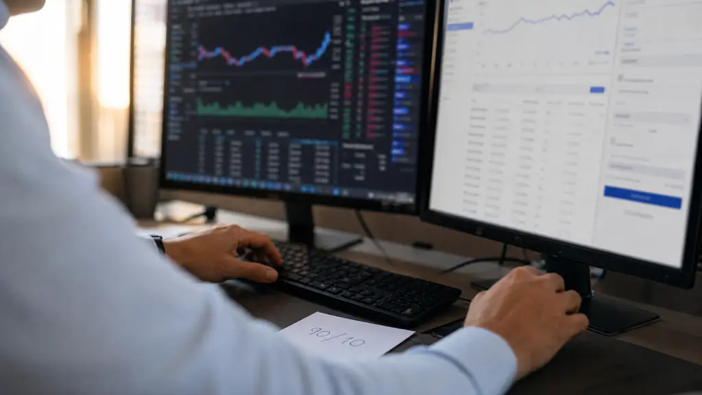 close-up editorial photograph of a futures trader checking an end-of-day account balance and a payout request screen on two monitors, with a handwritten 90/10 calculation beside the keyboard, no text or logos