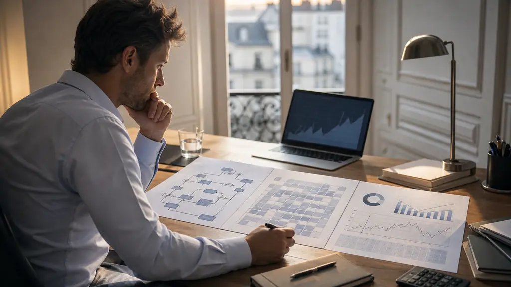 editorial photograph of a futures trader reviewing an automated strategy flowchart beside a trading schedule and an end-of-day risk calculation on a desk, no text or logos