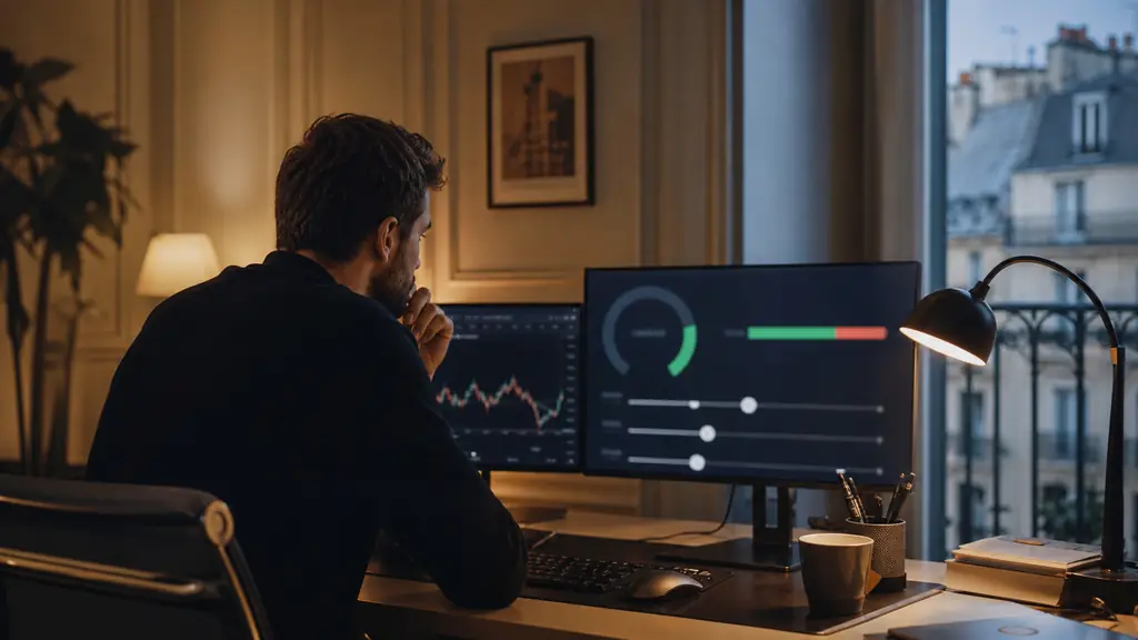 A focused evening trader reviewing a challenge dashboard with a profit target gauge, daily loss limit and futures position size controls on two monitors, no visible text or logos