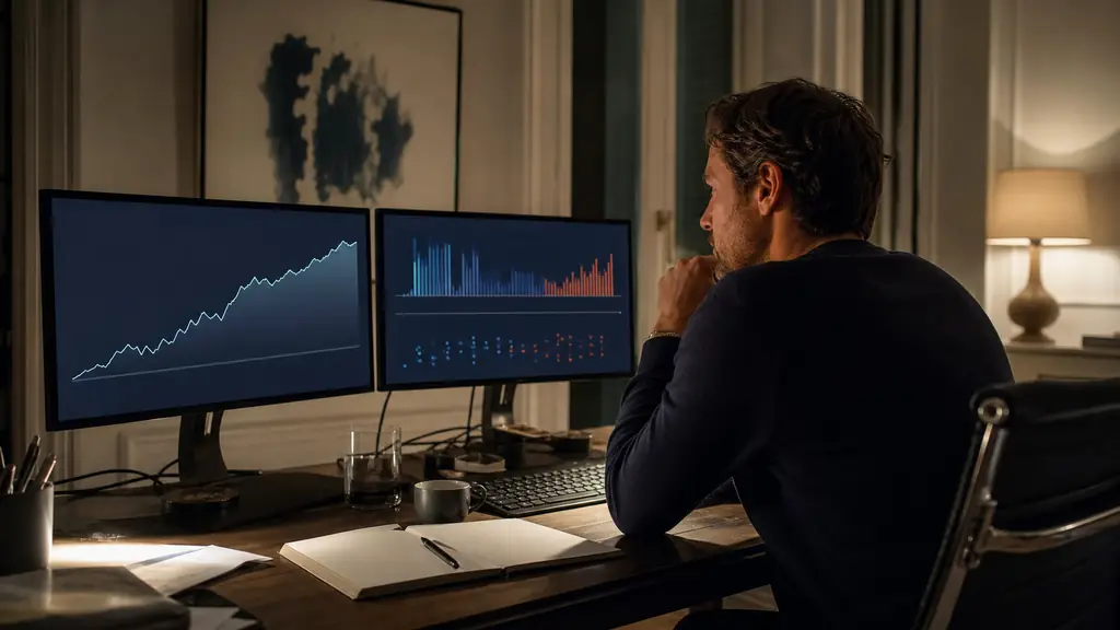An evening trader examining a balance curve, a daily performance summary and highlighted best and worst trades across two computer screens, no visible text or logos