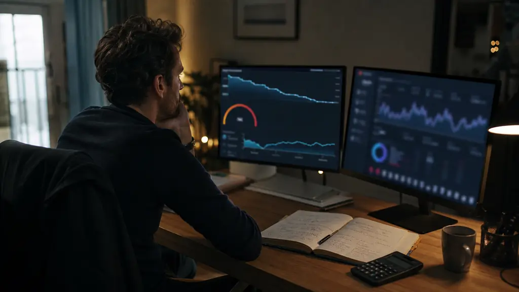 evening home trader comparing a prop firm drawdown gauge on one monitor with a personal brokerage account balance on another, risk notebook and calculator on the desk, no readable text or logos