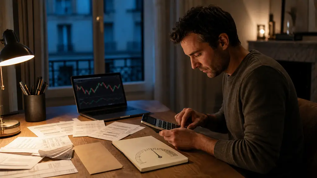 evening trader using a calculator to add challenge fees, monthly subscriptions and reset costs beside a notebook showing a drawdown gauge, with a personal deposit envelope nearby, no readable text or logos