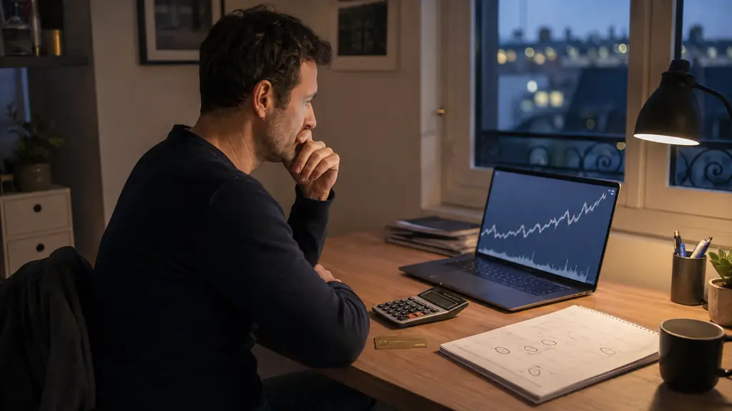 Evening retail trader using a calculator beside a payment card, a calendar with several trading days circled, and a laptop displaying a generic equity curve, editorial photography, no readable text, no logo
