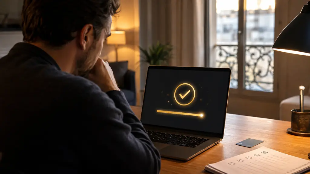Evening trader reviewing a generic challenge completion screen beside a payment card and a handwritten activation checklist, editorial photography, no readable text, no logo