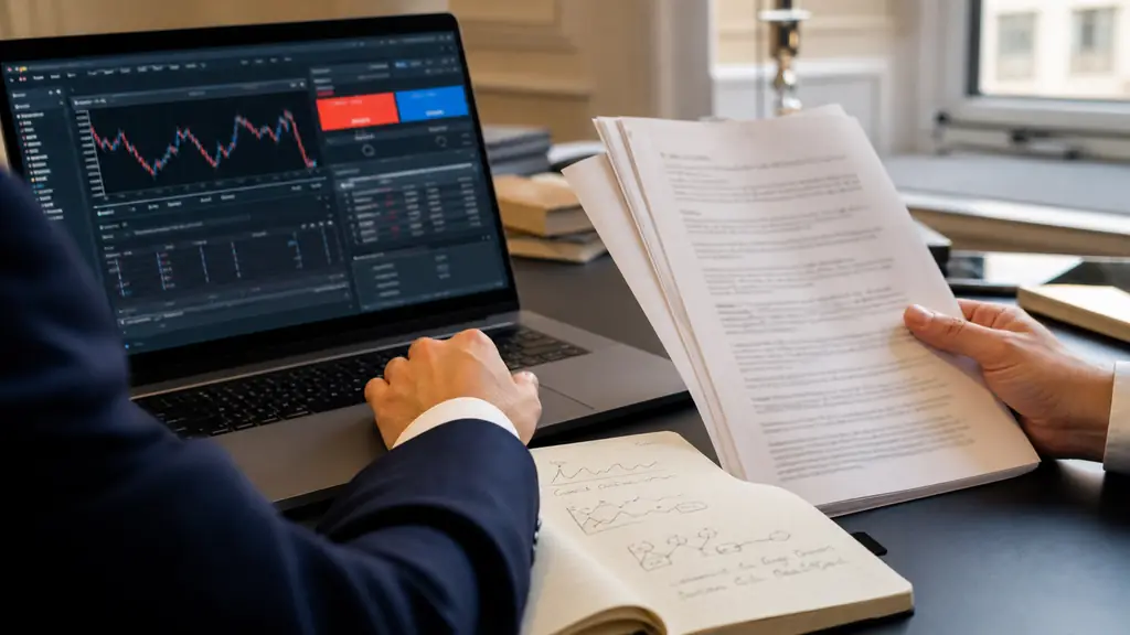 Close-up editorial photograph of a trader comparing a MetaTrader 5 order screen with printed legal terms, while a notebook shows three handwritten labels for A-Book, B-Book and hybrid execution, no visible logos or readable text