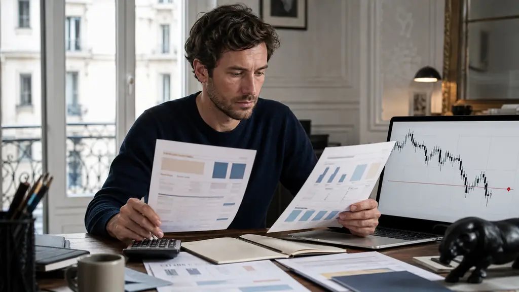 Editorial photograph of a trader comparing two account offer sheets beside a calculator and a trading chart with a clearly marked stop-loss level, no visible text or logos