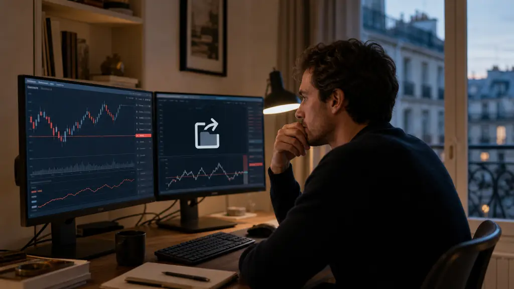 Evening trader reviewing a simulated trading dashboard, a red drawdown threshold line and a withdrawal request icon visible on the monitors, editorial photography, no readable text, no logos