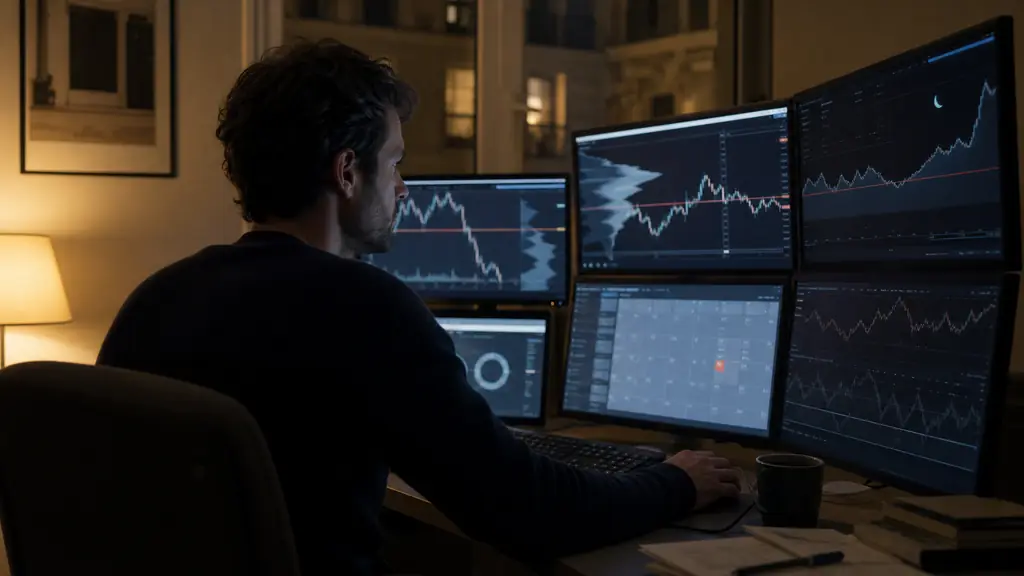 Evening trader checking a risk dashboard showing a fixed floor line, an economic calendar marked for a major announcement and an open overnight position, editorial photography, no readable text, no logos