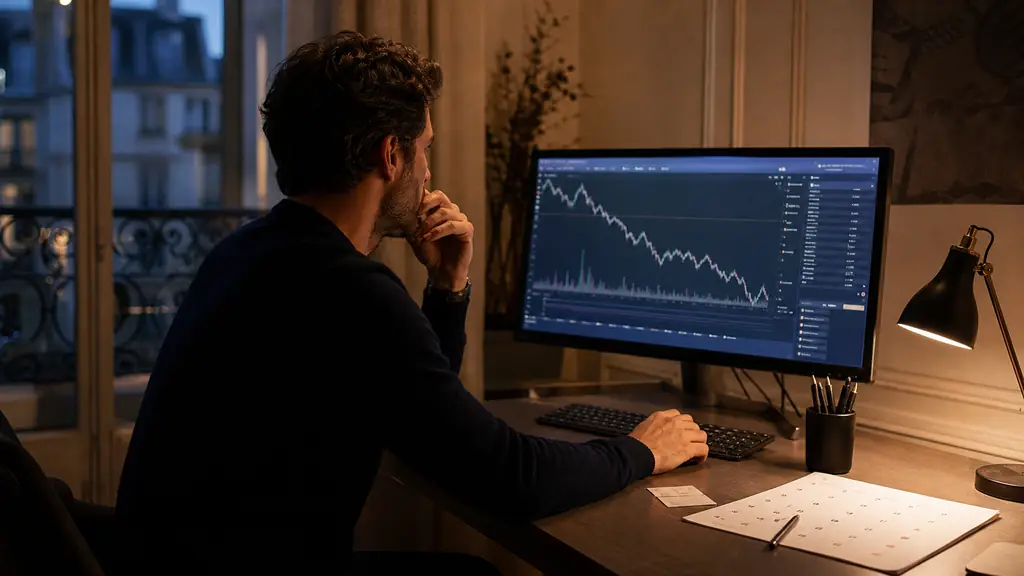Editorial photograph of an evening trader checking a drawdown line on a trading dashboard beside platform login credentials and a marked payout calendar, no visible text or logos
