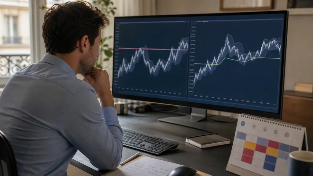 Editorial photograph of a trader comparing a static drawdown floor and an intraday trailing line on a monitor, with an NFP calendar and lot-size notes beside the keyboard, no visible text or logos