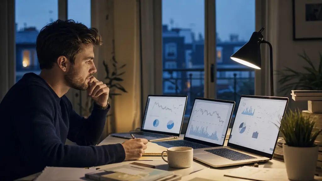 A focused retail trader at a desk in the evening, comparing prop firm rules on multiple laptop screens with charts and notes, realistic editorial photography, no text, no logo