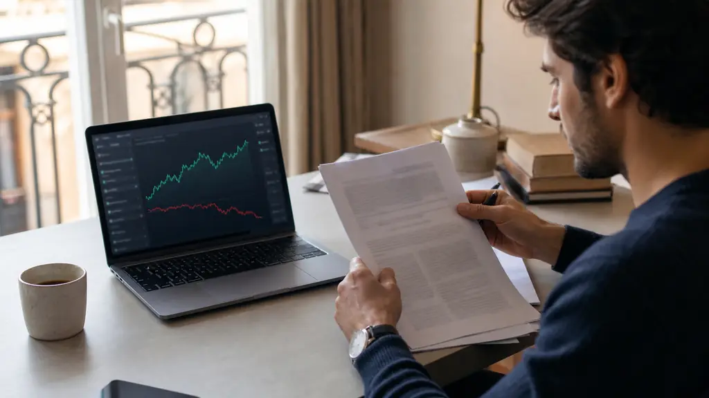 Editorial photograph of a trader comparing a simulated challenge dashboard showing an equity curve and drawdown line with a printed financial contract beside the laptop, no readable text, no logos