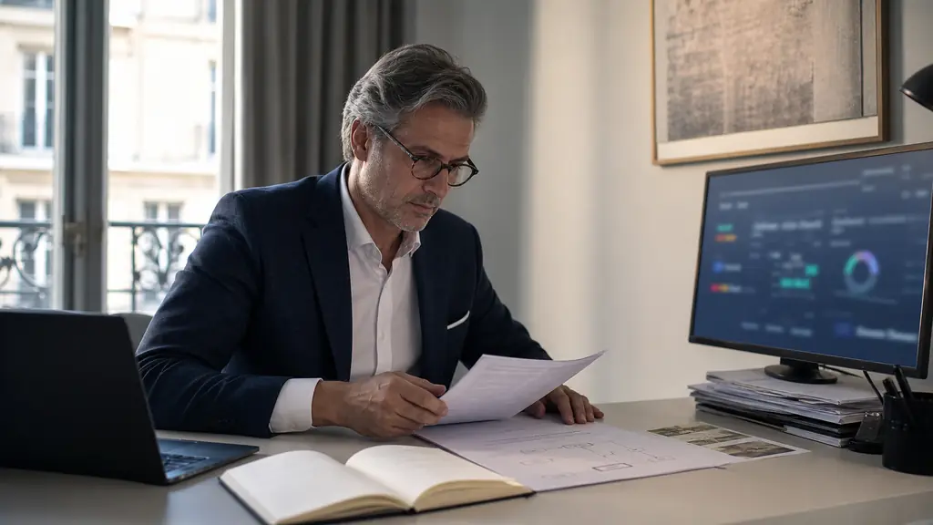Editorial photograph of a compliance officer examining an external trader agreement, an order-routing diagram and a KYC identity document beside a simulated trading dashboard, no readable text, no logos