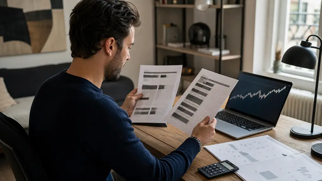 Editorial photograph of a trader comparing two prop firm rule sheets beside a laptop showing an equity curve, with a calculator and an economic calendar open on the desk, no visible text or logos