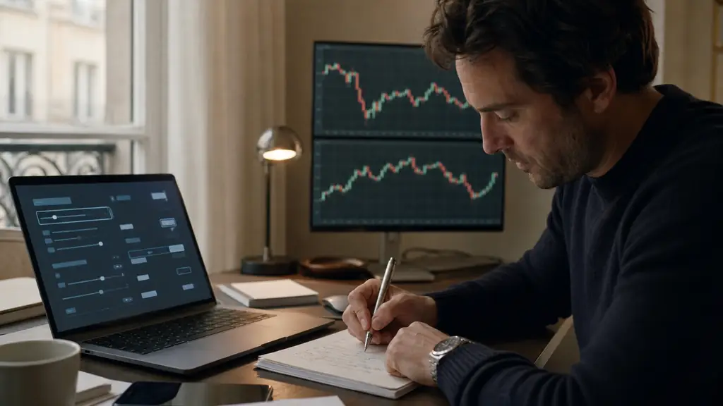 Editorial photograph of a trader writing a two percent daily stop threshold beside a laptop position size calculator, with EUR/USD and GBP/USD charts open, no visible text or logos