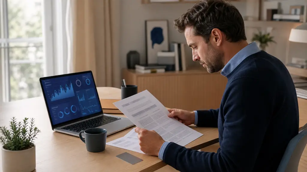 A trader reviewing a futures brokerage agreement beside a simulated trading account dashboard and a payment card on a home office desk, editorial photography, no visible text or logos