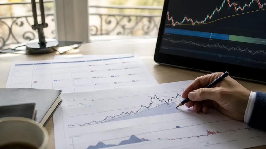 A trader marking a rising trailing drawdown threshold on a printed equity curve beside an overnight position screen and an economic calendar, editorial photography, no visible text or logos