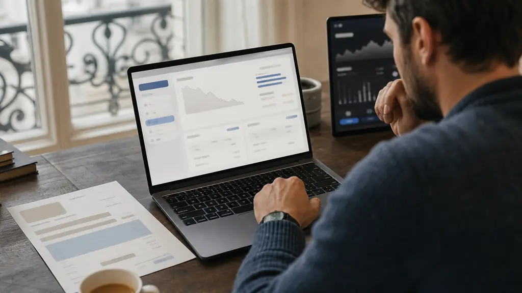 close-up editorial photograph of a trader reviewing drawdown rules on a laptop beside a paid challenge invoice and a simulated account dashboard, no visible text or logos