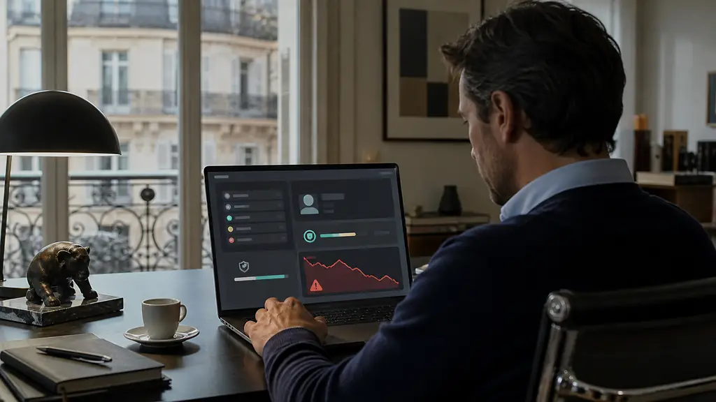 editorial photograph of a trader checking a country eligibility list beside a KYC verification screen and a drawdown warning on a laptop, no visible text or logos