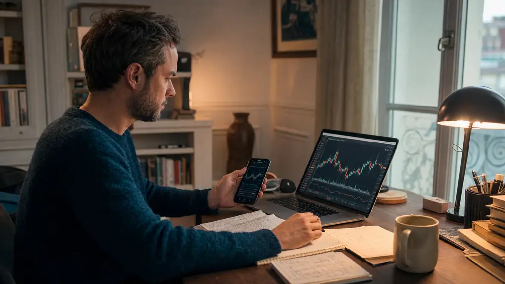 editorial photo of a retail trader at a desk reviewing trading alerts on a laptop and smartphone, risk notes visible, focused evening atmosphere, realistic home office, no text, no logo