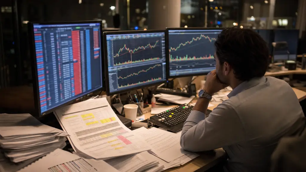 Editorial photo of a futures trader at a multi-screen desk at night, one screen showing a stock futures ladder with 0.01 tick increments, another showing Nvidia and Nasdaq charts side by side, printed risk notes mentioning 15% margin and overnight Globex hours, realistic newsroom style, no text, no logo