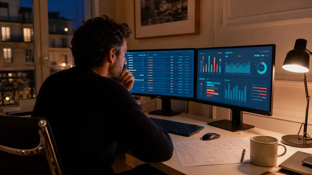 A focused evening trader comparing a competition leaderboard and risk limits on two desktop monitors, with a handwritten trading plan beside the keyboard, no visible text or logos