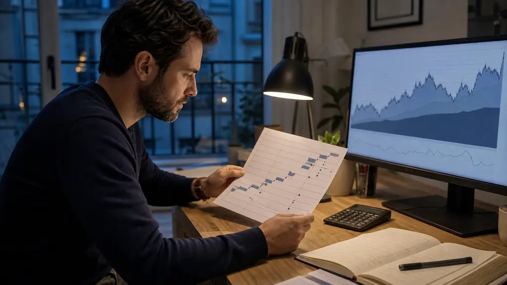 An evening trader checking a printed account progression ladder beside a monitor showing an end-of-day risk curve, with a calculator and notebook on the desk, no visible text or logos