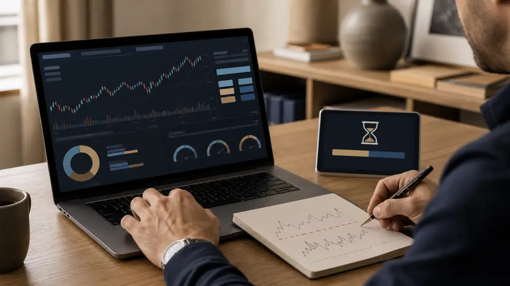 Close-up editorial photograph of a trader checking a funded account dashboard beside a handwritten drawdown limit and a pending payout request, no visible text or logos