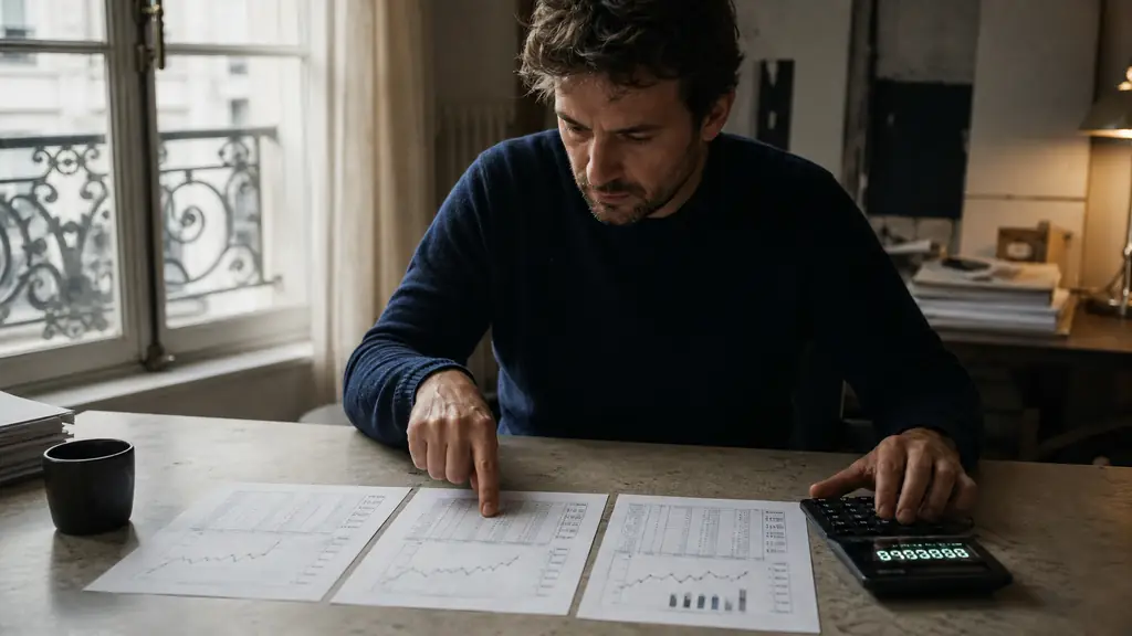 Editorial photograph of a trader comparing a printed statistics table for Apex, Earn2Trade and Take Profit Trader beside a calculator showing accumulated reset costs, no visible text or logos