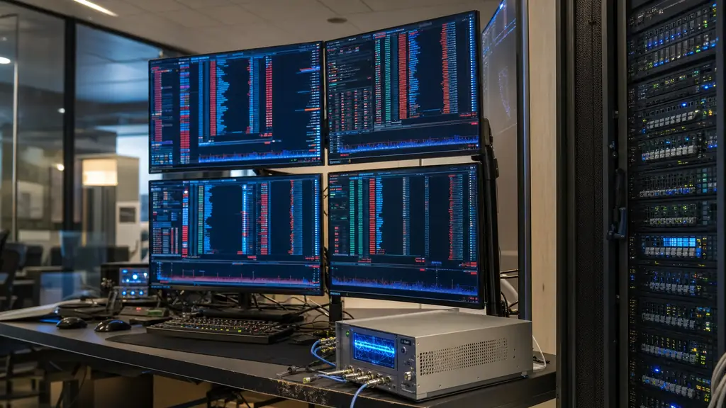 Editorial photograph of an automated futures trading workstation beside a server rack, with an abstract equity index order book, rapid cancellation activity and a microsecond timing device visible, no text or logos