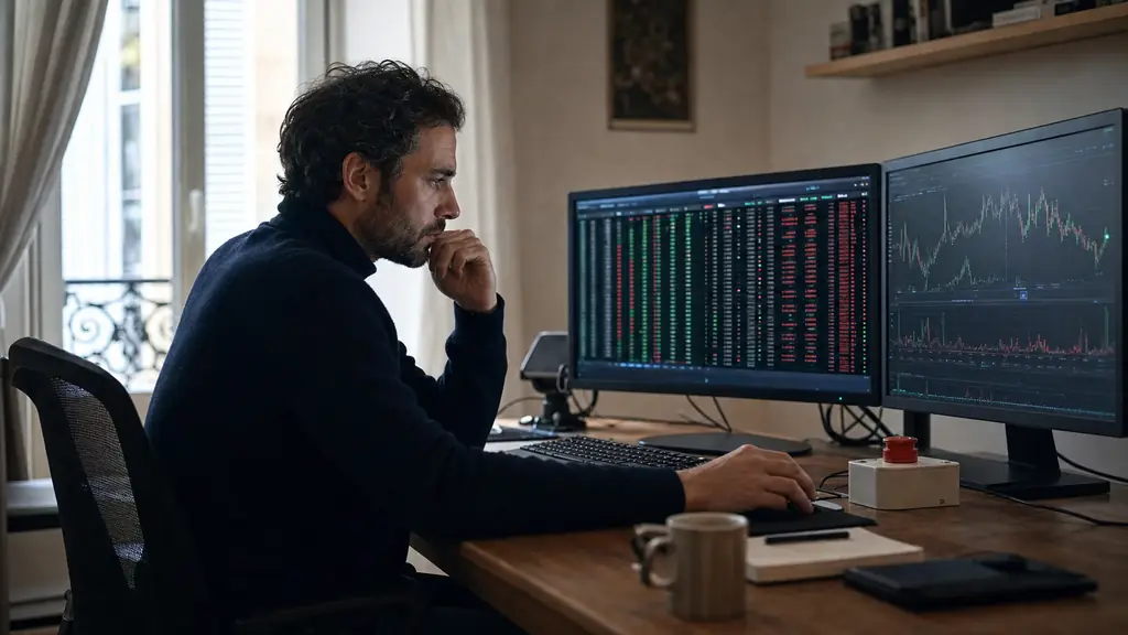 Editorial photograph of a retail trader reviewing an automated trading log on a dual-screen workstation, with rapid order cancellations visible on one monitor and a physical emergency stop button beside the keyboard, no text or logos