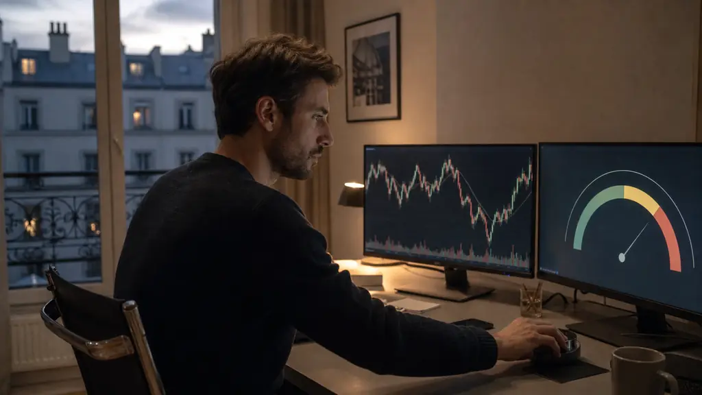 Evening futures trader adjusting position size at a desk, with an unlabeled futures chart and risk gauge on two screens, no visible text or logos