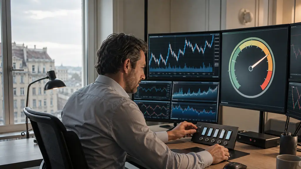 Futures trader reviewing a simulated CME position while adjusting a five-contract order beside a visible risk gauge, no text or logos