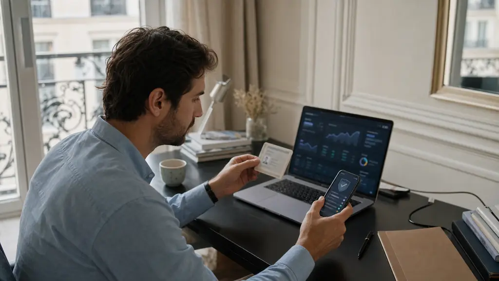 Editorial photograph of a trader reviewing a crypto automation dashboard on a laptop while holding a KYC identity document beside a smartphone security verification screen, no visible text or logos