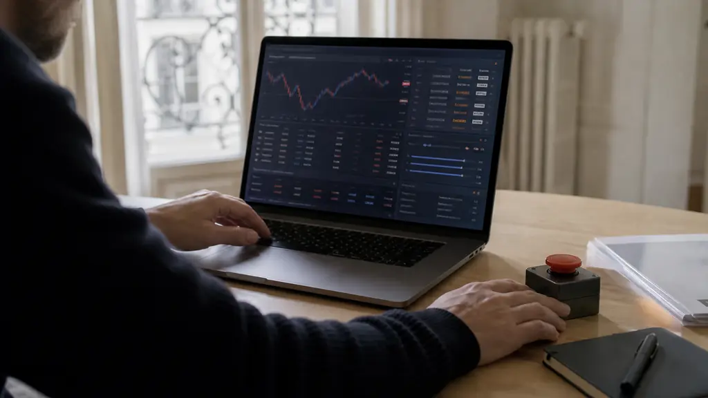 Editorial photograph of a trader configuring grouped cryptocurrency orders on a laptop, with position-size controls visible and one hand resting beside a physical emergency stop button, no readable text or logos