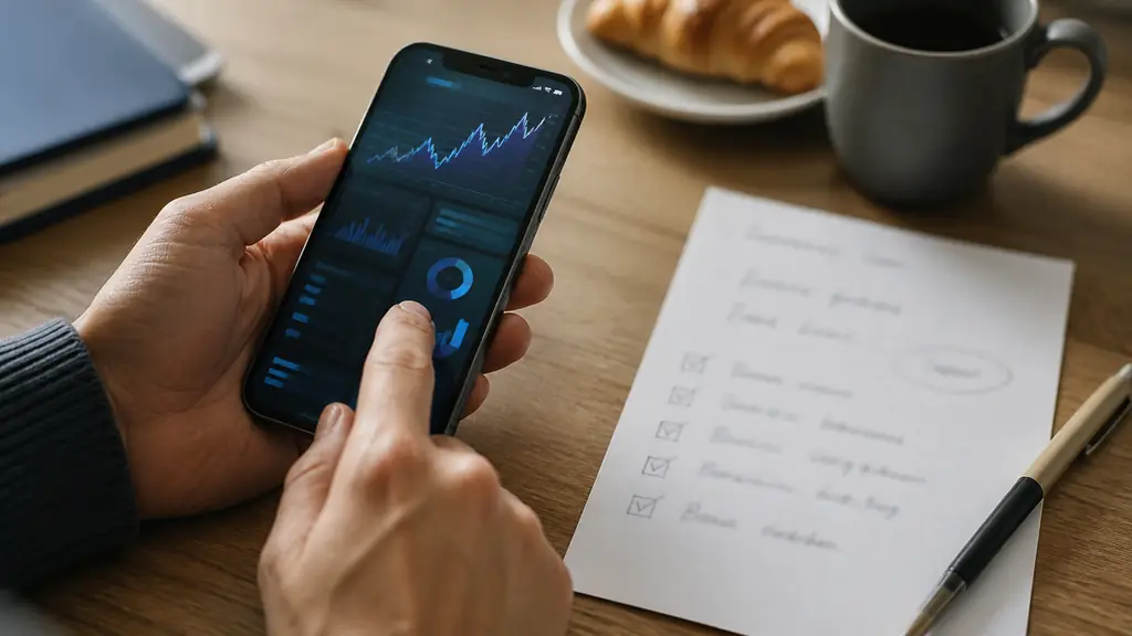 close-up editorial photograph of a person using a mobile browser to review an automated trading dashboard, with a handwritten 250 euro deposit note and broker verification checklist beside the phone, no text or logo