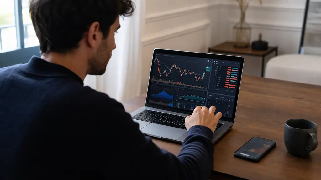 editorial photograph of a trader adjusting automated risk settings on a laptop browser dashboard, with Forex and crypto market charts visible and a smartphone beside the keyboard, no text or logo