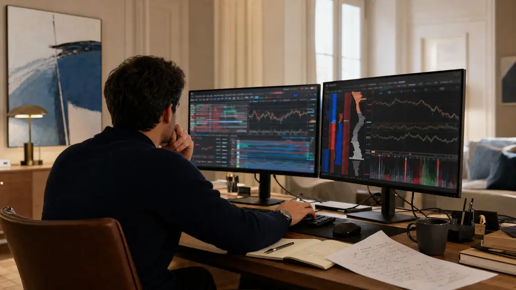 A trader at a desk reviewing an algorithmic futures dashboard on two monitors, one screen showing ES and NQ order flow, a printed risk sheet with '5 contracts' and '10:1 micro/mini ratio' notes, and a hand hovering over a keyboard during a scheduled economic news release, editorial photography, no text, no logo