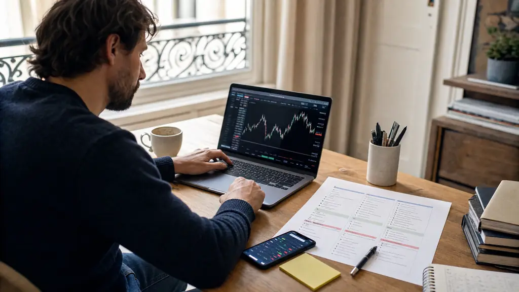 A trader highlighting a printed futures prop firm checklist beside a laptop, with columns labeled drawdown, news window, and order frequency, while a phone screen shows a scheduled CPI release time and a small sticky note reads '20 sessions replay', editorial photography, no text, no logo
