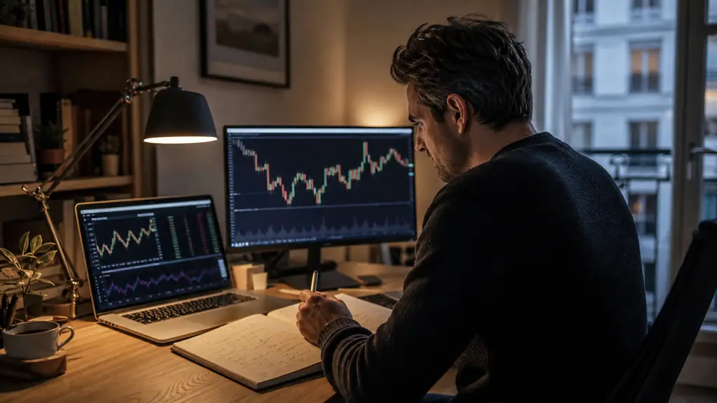 Trader reviewing a candlestick chart beside a handwritten risk journal and a paper trading simulator on a laptop, evening home office, no visible text or logos