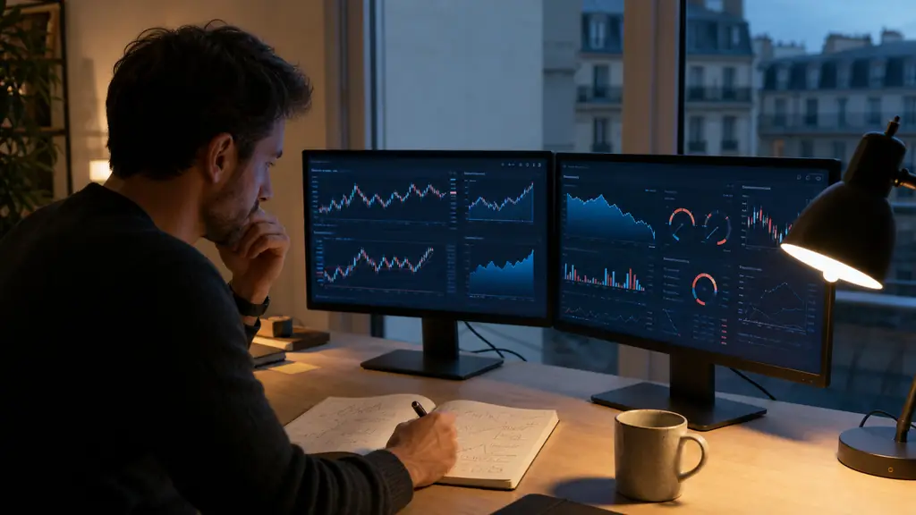 Evening trader comparing prop firm drawdown conditions on two computer screens while recording simulated results in a paper trading journal, no visible text or logos