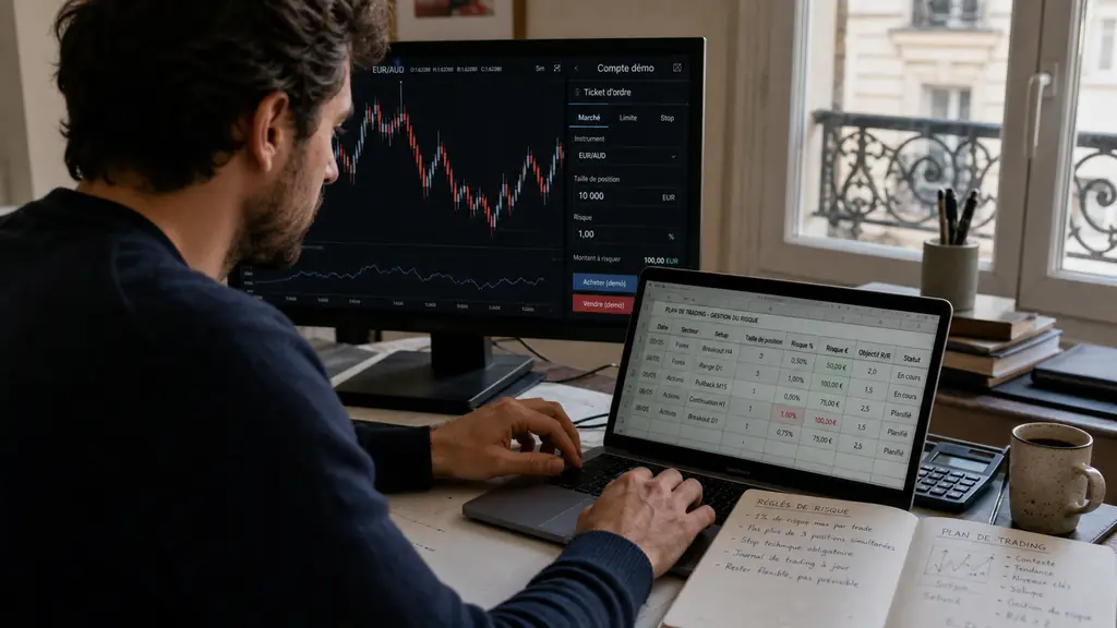 trader adjusting position size in a risk management spreadsheet beside a candlestick chart and a demo trading order ticket