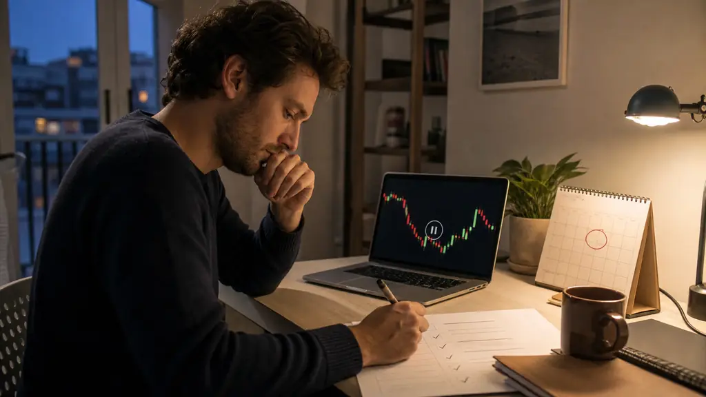 evening learner pausing a prerecorded candlestick chart lesson on a laptop, completing a paper risk management quiz beside a calendar marked for a live webinar, no visible text or logos