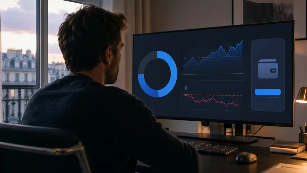 Evening trader reviewing a simulated account dashboard with a profit target gauge, daily loss limit indicator and payout request panel, no visible text or logos