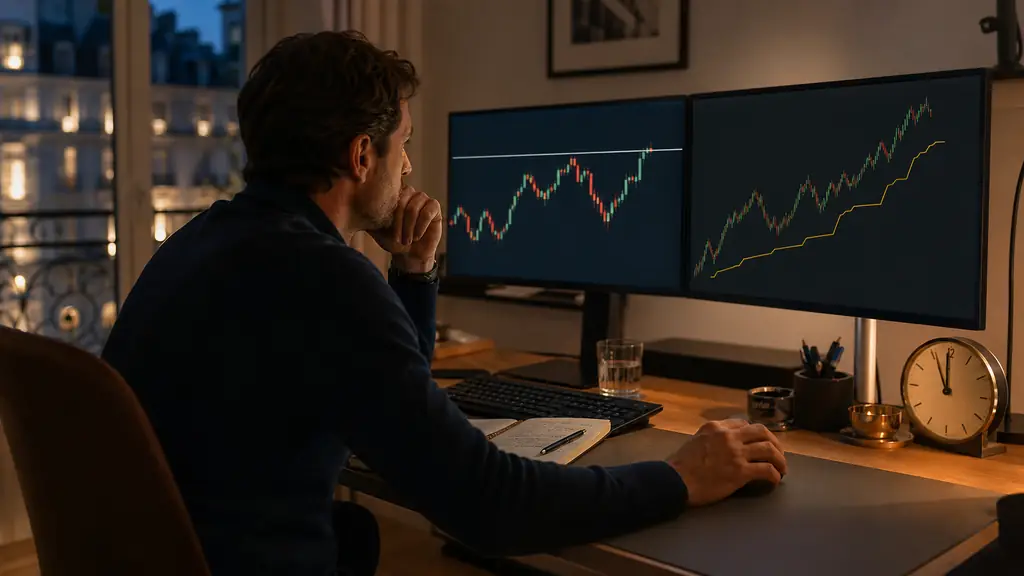 Evening trader taking a hand off the mouse while watching an equity high line and a rising loss floor on two monitors beside a clock approaching a major economic announcement, no visible text or logos
