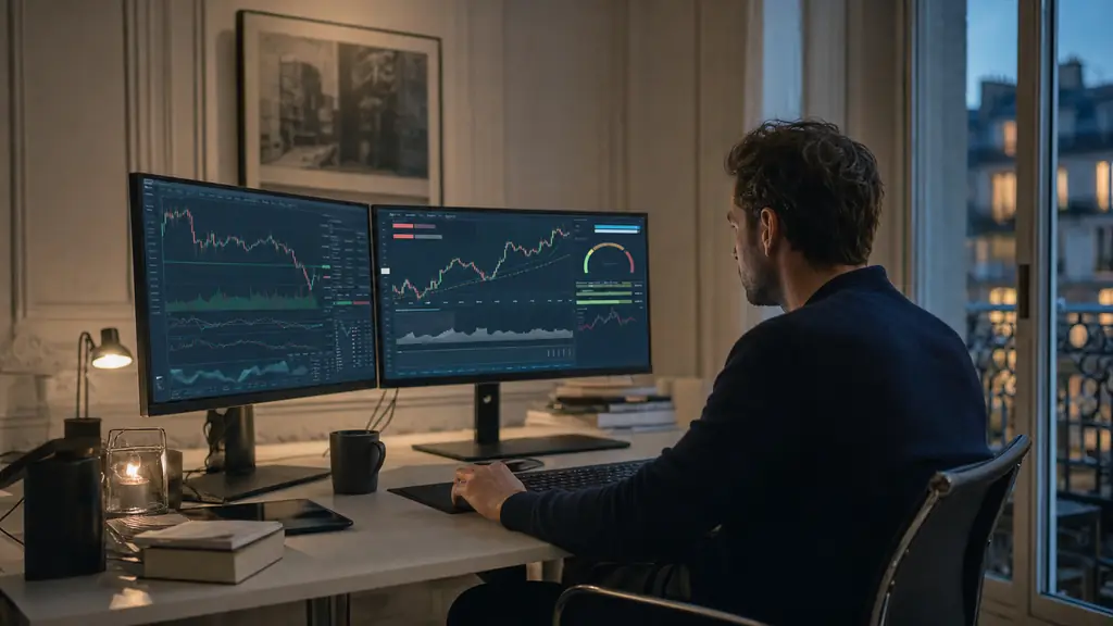 A focused evening trader using a cTrader-style interface on two monitors, placing a stop-loss on an index position while a risk gauge and two evaluation progress bars are visible, editorial photography, no readable text, no logos
